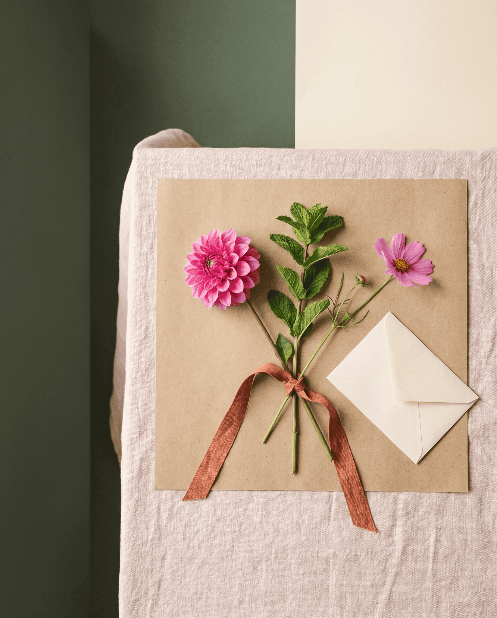 Petite attention — Trois tiges, papier kraft, ruban de lin.