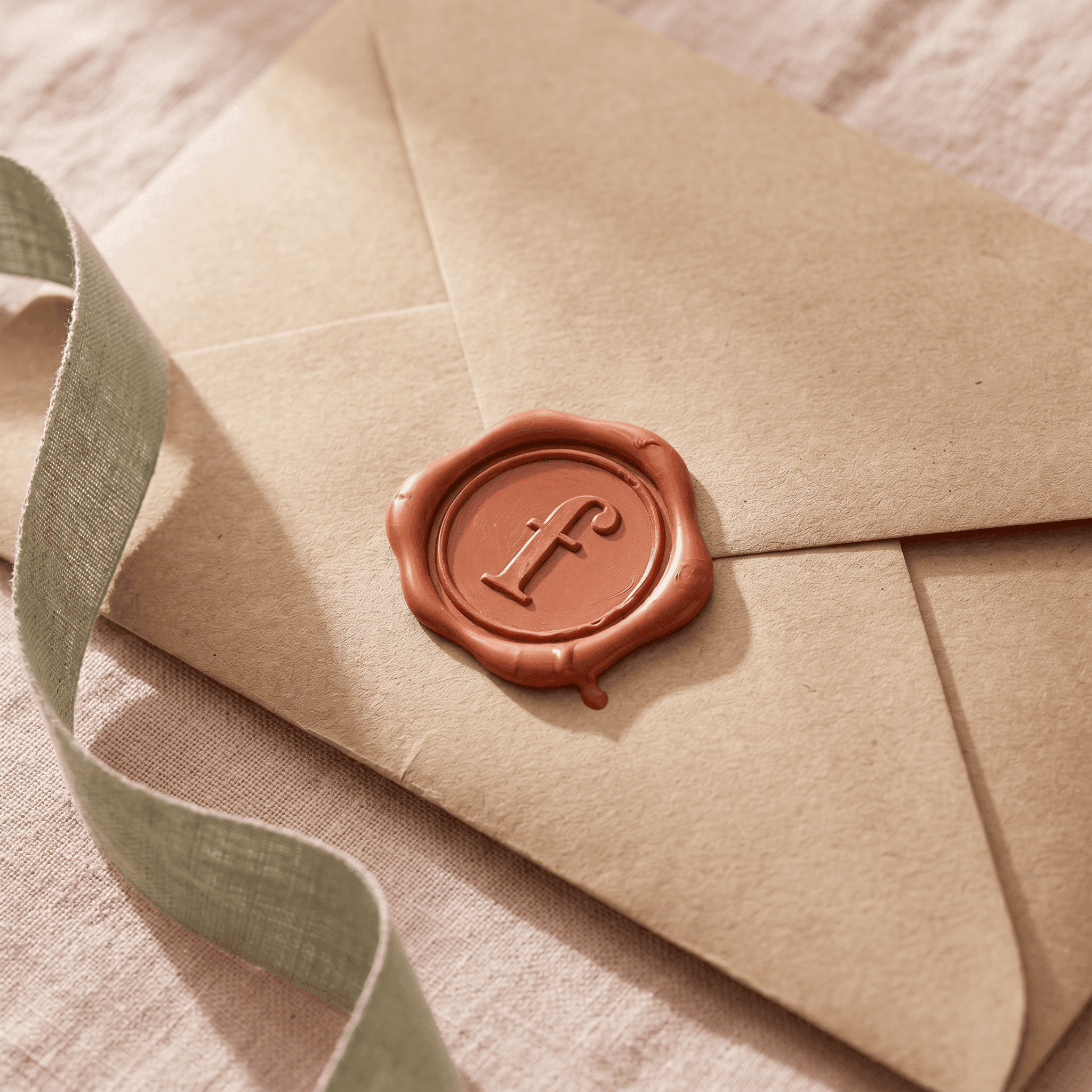 Cachet de cire terracotta sur enveloppe kraft, ruban de lin sage