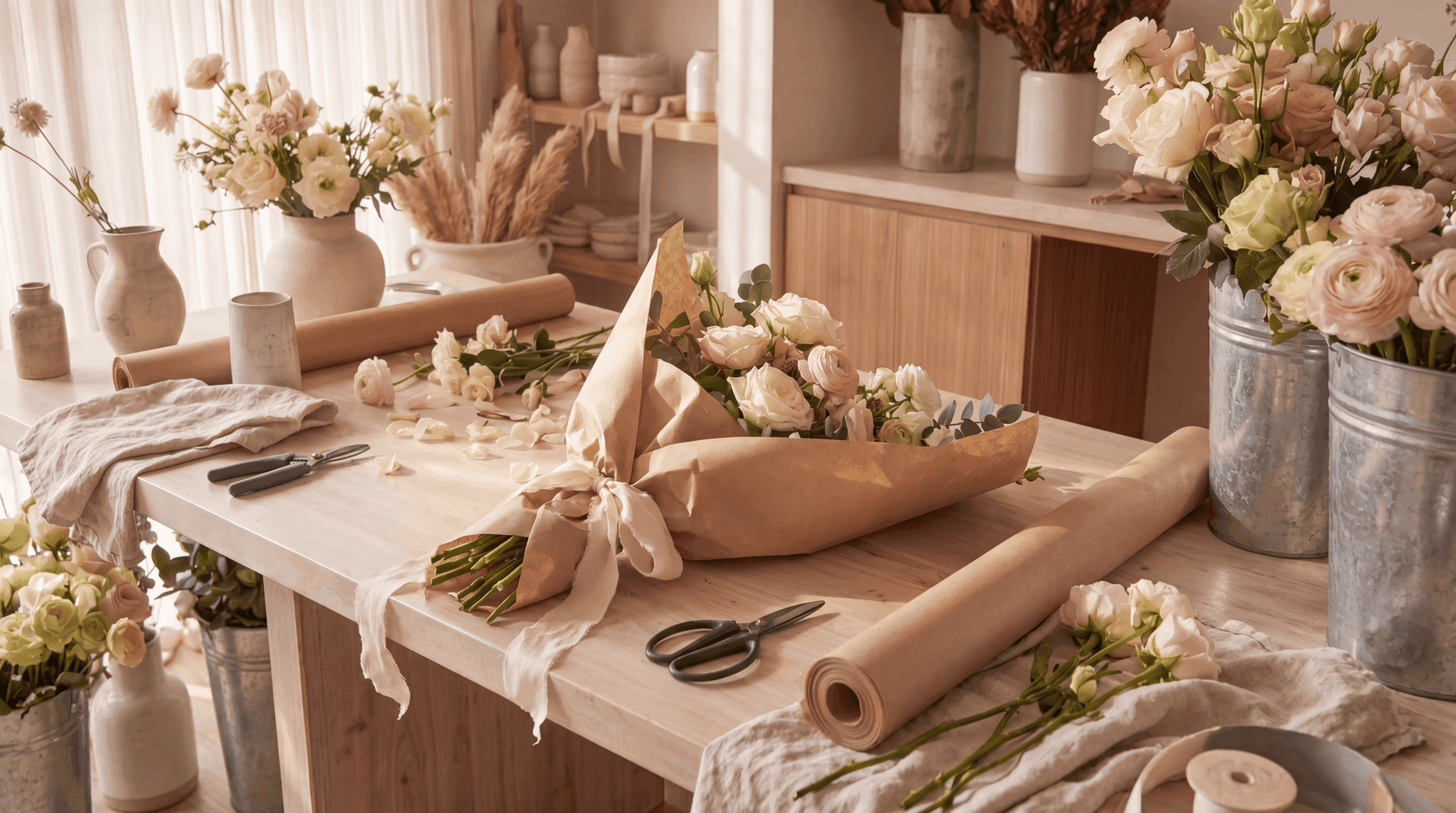 Bouquet emballé — papier kraft, ruban de lin, cachet de cire